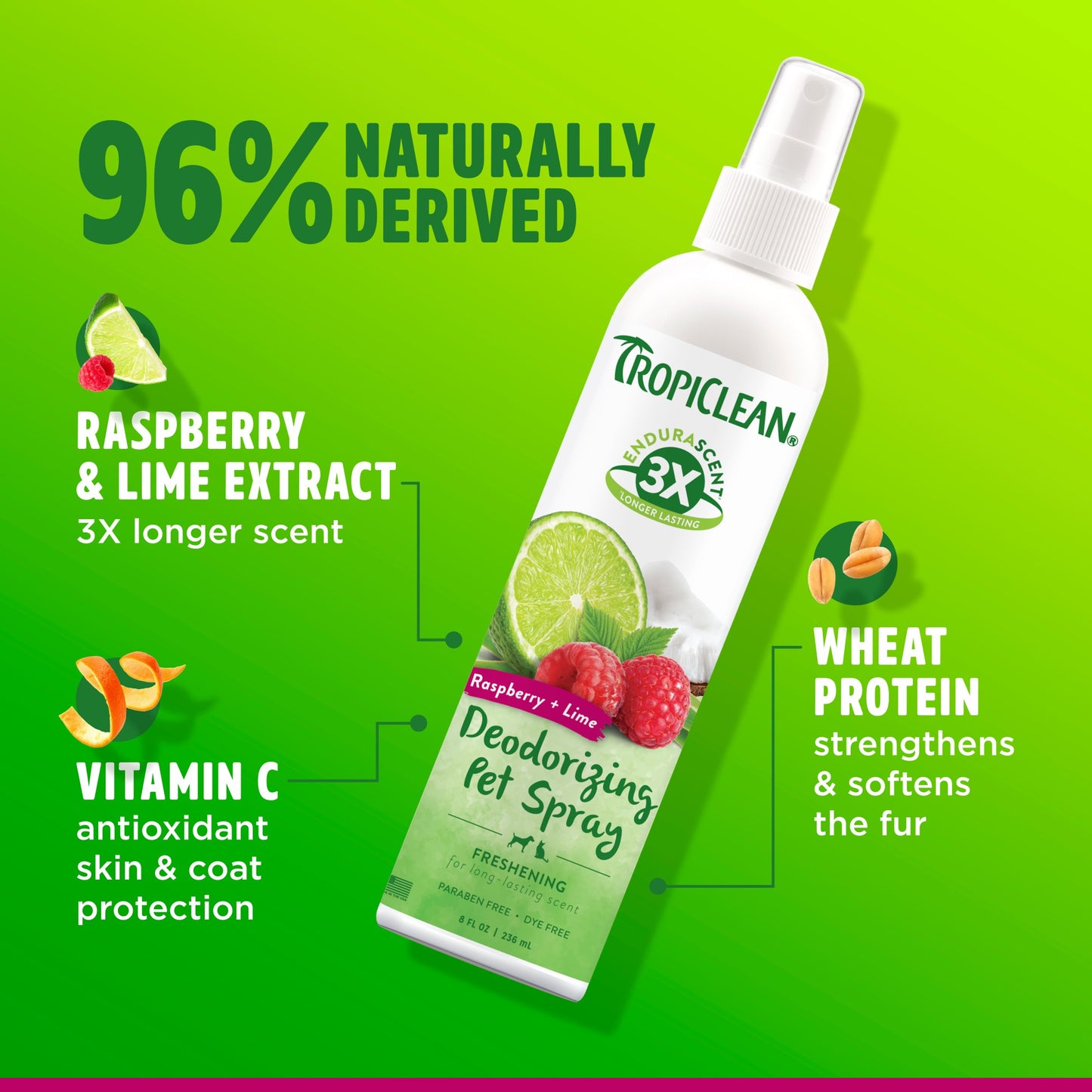TropiClean EnduraScent Deodorising Pet Spray Raspberry Lime