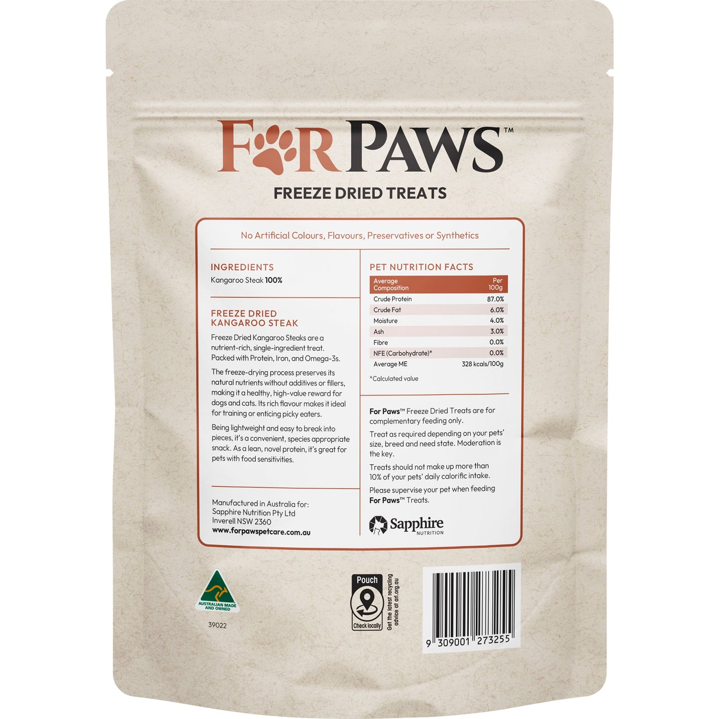 For Paws Freeze Dried Kangaroo Steak Dog & Cat Treats