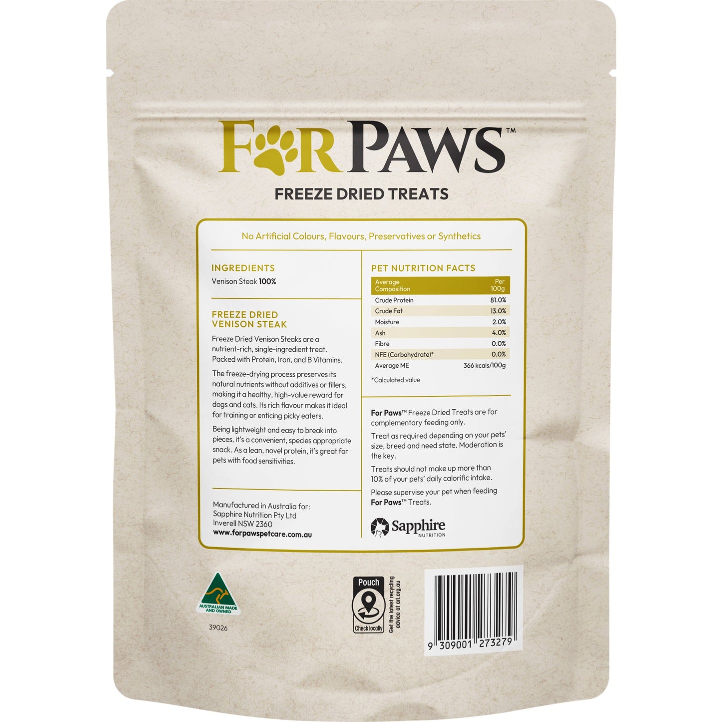 For Paws Freeze Dried Venison Steak Dog & Cat Treats