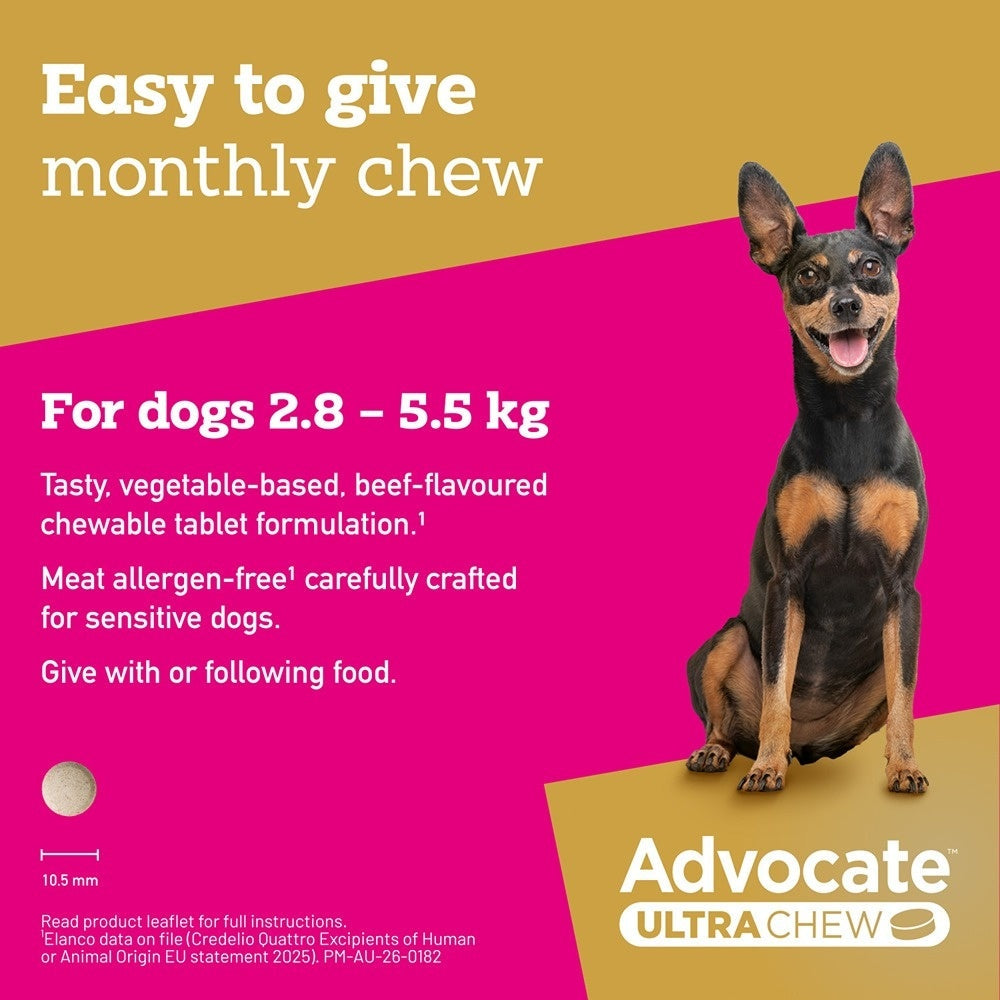 Advocate Ultra Chew Small Breed 2.9 - 5.5kg Dog Flea,Tick & Worming