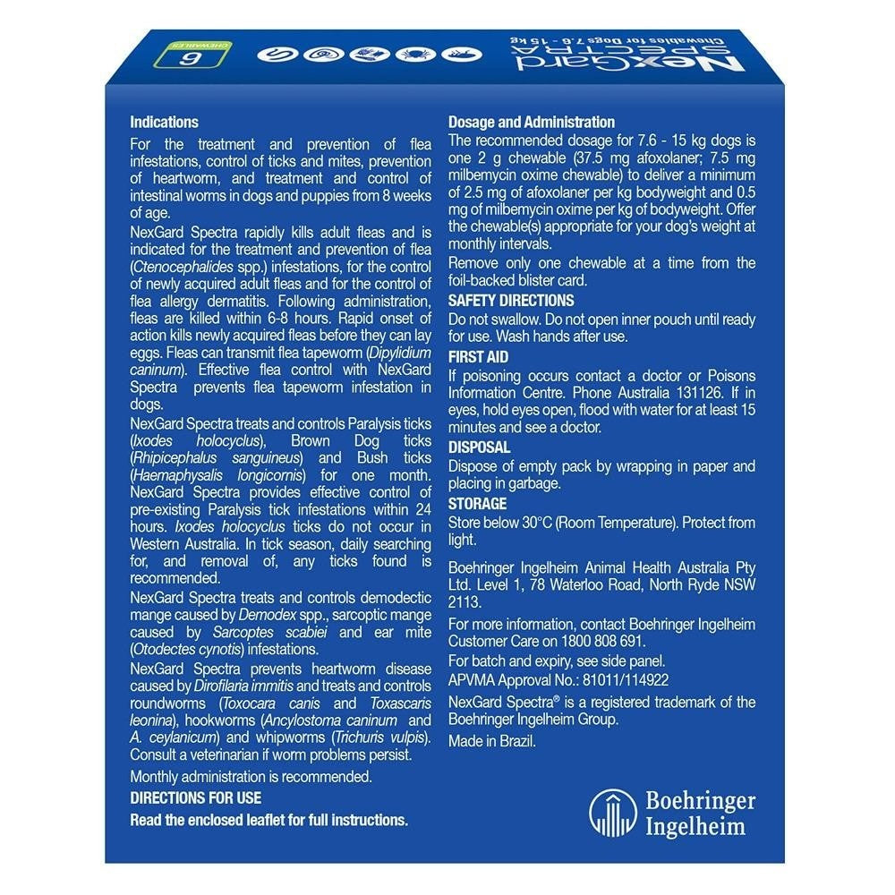 NexGard Spectra Medium Breed 7.6-15kg Flea, Tick & Worming Dog Chews