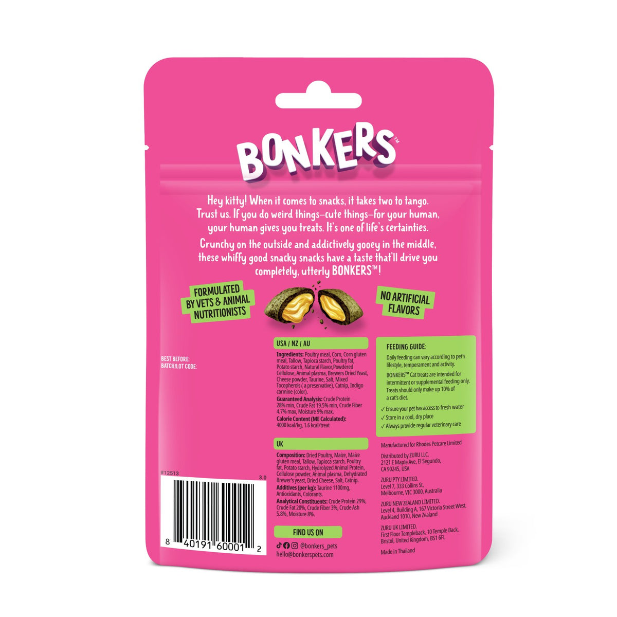 Bonkers Dry Bites Catnip, Chick 'N' Cheddar Cat Treats