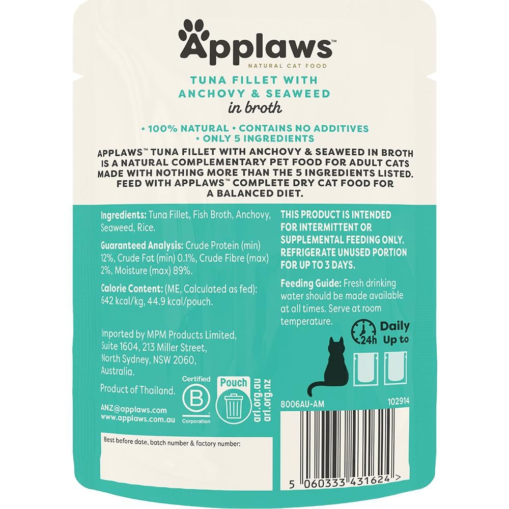Applaws Natural Tuna Fillet with Anchovy in Broth Pouch Wet Cat Food