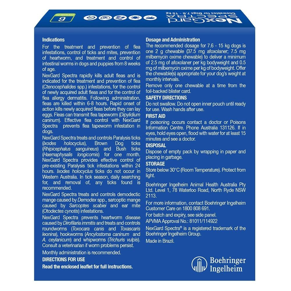 NexGard Spectra Medium Breed 7.6-15kg Flea, Tick & Worming Dog Chews