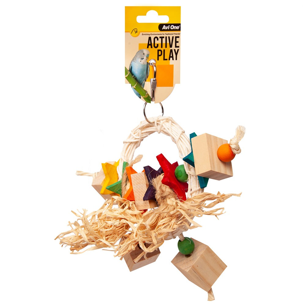 Avi One Bird Toy Rattan Hoop With Beads Stars and Blocks