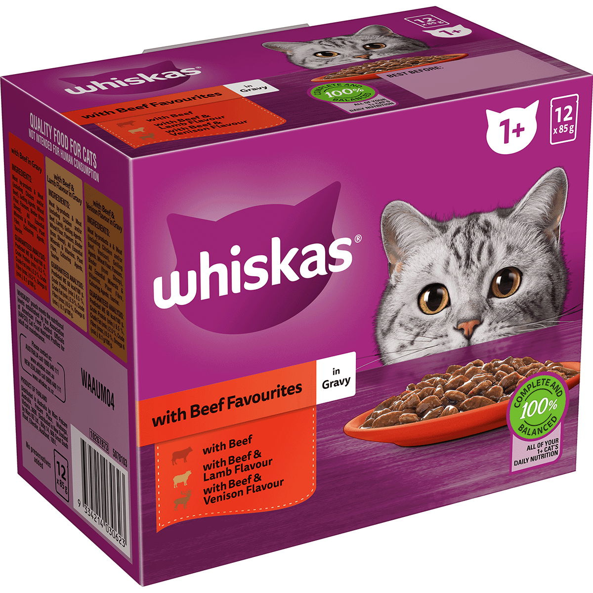 Whiskas Adult Beef in Gravy Variety Pack Pouched Cat Food 12x85gm