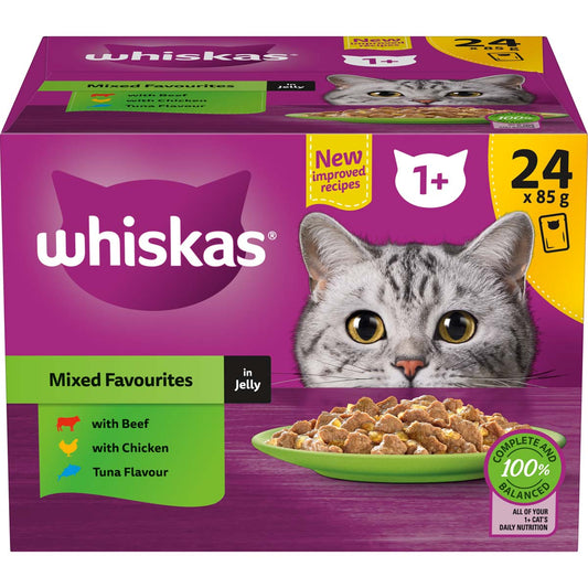 Whiskas 1+ Years Adult Mixed Favourites In Jelly Wet Cat Food Pouches 24x85g