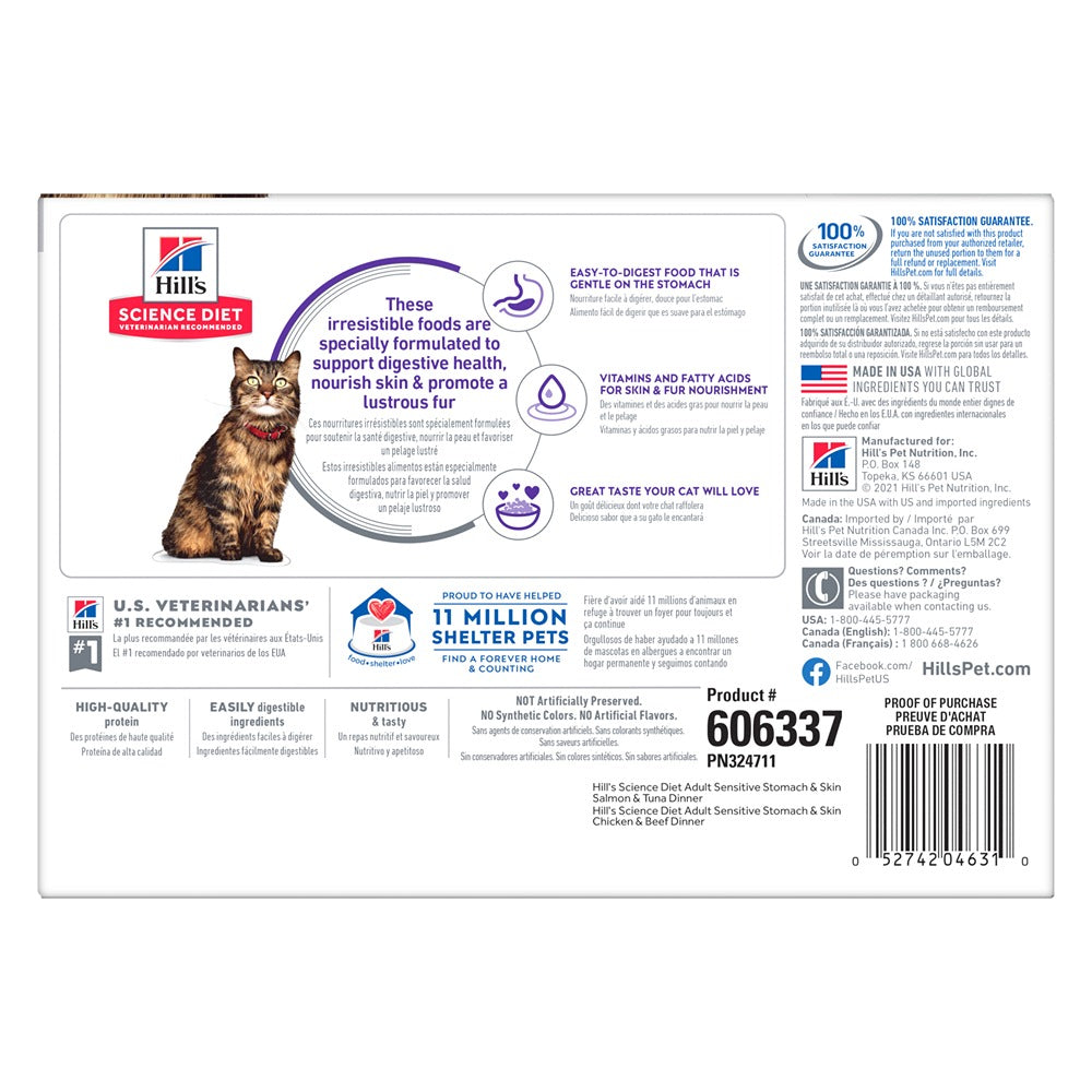 Hill’s Science Diet Adult Sensitive Skin & Stomach Variety Pack Wet Cat Food Pouches 12x80g