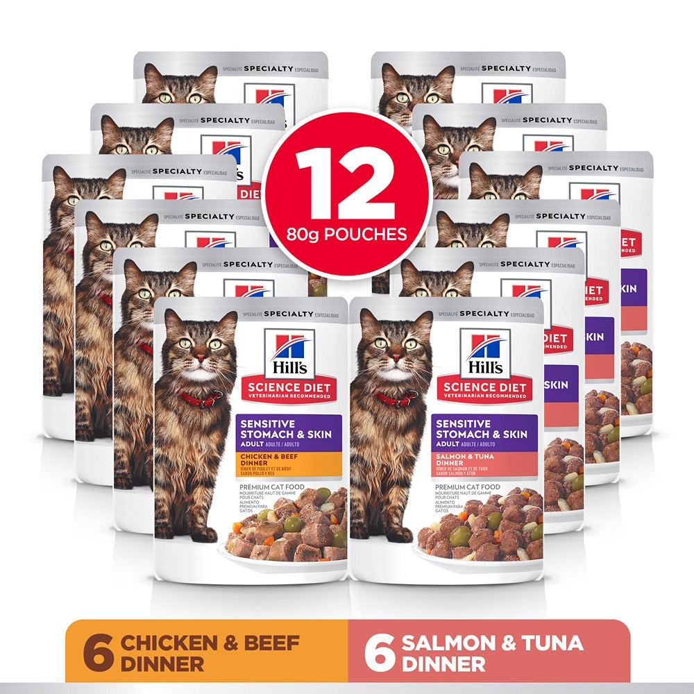 Hill’s Science Diet Adult Sensitive Skin & Stomach Variety Pack Wet Cat Food Pouches 12x80g