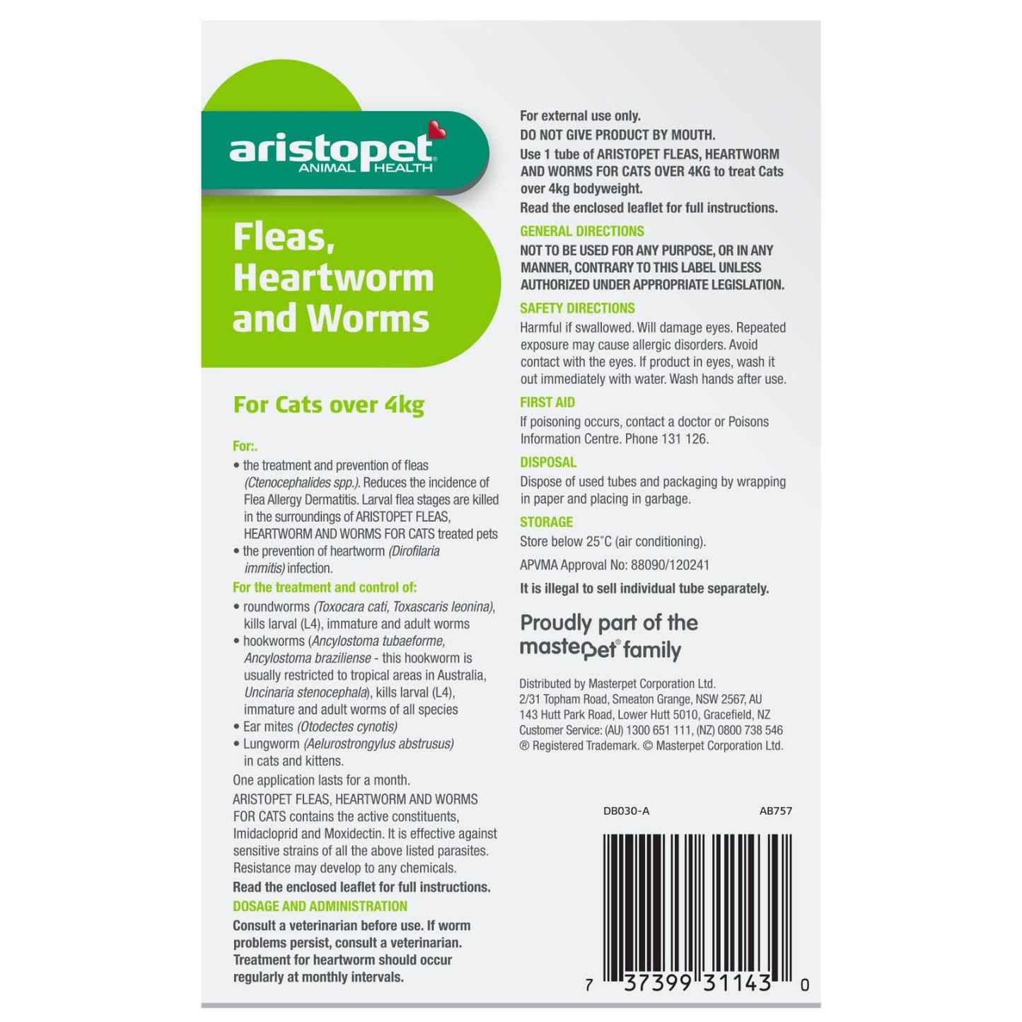Aristopet Animal Health Fleas, Heartworm & Worms For Cats >4Kg (100000022763) [default_color]