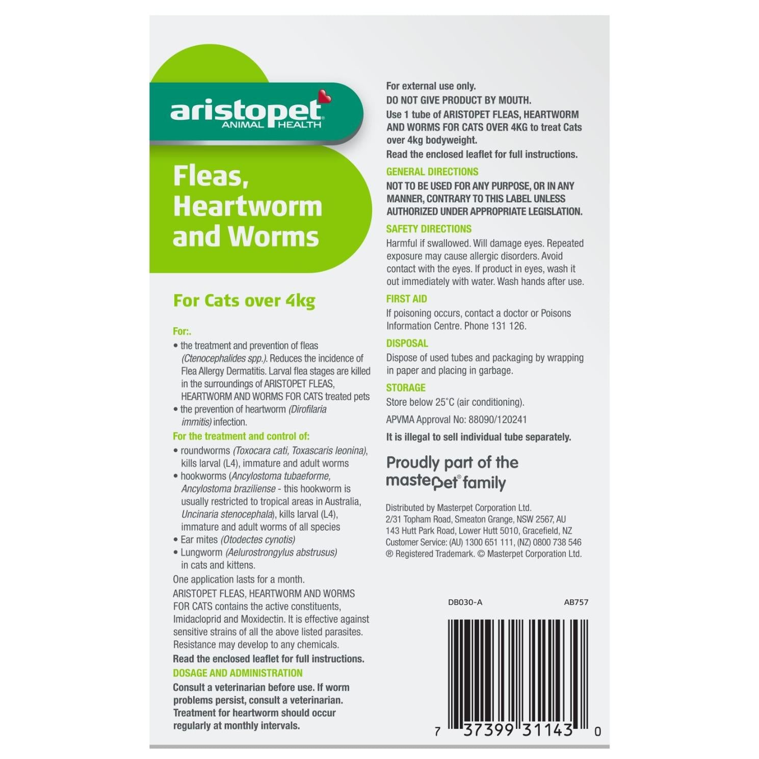Aristopet Animal Health Fleas, Heartworm & Worms For Cats >4Kg (100000022763) [default_color]