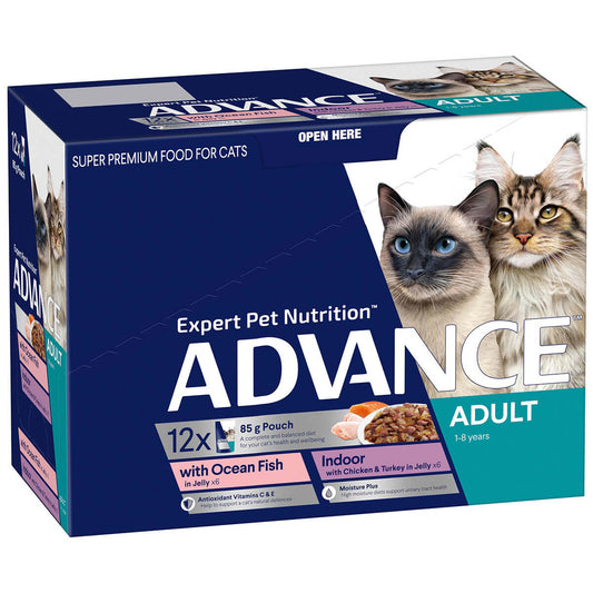 Advance Indoor Adult Ocean Fish, Chicken & Turkey in Jelly Wet Cat Food 12x85g (100000024947) [default_color]